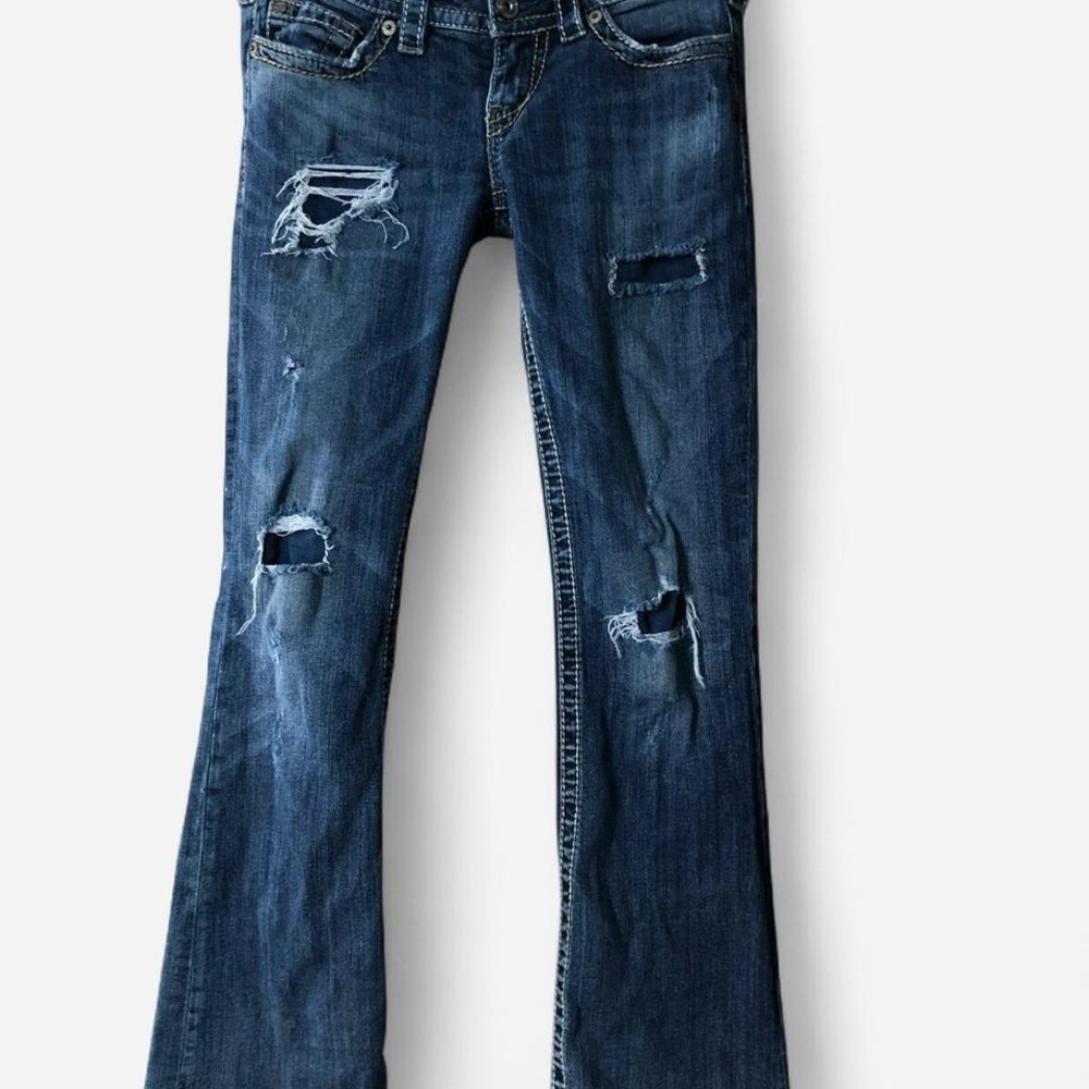 Silver Jeans Low Rise Pioneer Bootcut Distressed Patch Work Details Womens Small